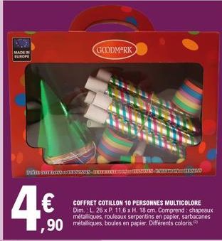 MADE IN EUROPE  4€  15TLESSNES-FAUST LESINIS PARKERINGTENES  ,90 métalliques, boules en papier. Différents coloris. P  COFFRET COTILLON 10 PERSONNES MULTICOLORE Dim.: L 26 x P. 11,6 x H. 18 cm. Compre