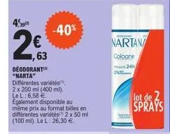 €  63  -40%  deodorant "narta"  différentes variétés!"). 2 x 200 ml (400 ml). le l: 6,58 €. egalement disponible au même prix au format billes en différentes variétés" 2 x 50 ml (100 ml). le l: 26,30 