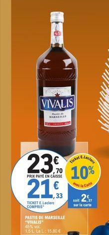 VIVALIS  Pati de MARSEILLE  Ele  23% 10%  PRIX PAYÉ EN CAISSE  la Carte  21€  TICKET E.Leclerc COMPRIS  PASTIS DE MARSEILLE "VIVALIS"  45% vol  1.5 L Le L: 15,80 €  soit 2€  sur la carte  