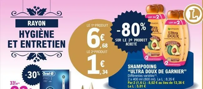 rayon  hygiène et entretien  33%  -30% oral-b  pro 1  le 1" produit  6€  ,68 le 2" produit  1€  34  -80%  sur le 2e produit acheté  lot de anior tra qux  shampooings  shampooing "ultra doux de garnier