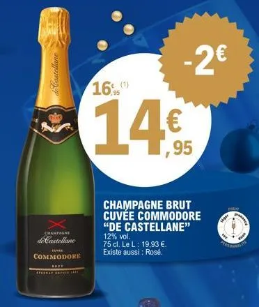 de castellane  champagne  de castellane  commodore  speeway se  16 (¹)  95  14€  95  champagne brut cuvée commodore "de castellane"  12% vol.  75 cl. le l: 19,93 €. existe aussi: rosé.  -2€  s  encit 