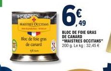 MASTRES OCCITANS  Bloc de foie gras de canard  4  €  49  BLOC DE FOIE GRAS DE CANARD "MAISTRES OCCITANS"  200 g. Le kg: 32,45 € 