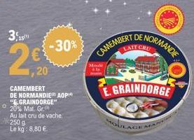 3,15  20  20  CAMEMBERT  DE NORMANDIE AOPI "EGRAINDORGE" 20% Mat. Gr.  Au lait cru de vache.  250 g  Le kg: 8,80 €  -30%  Moule main  CAMEMBERT DE NORMANDIE  AIT CRU  EGRAINDORGE  MOULA 