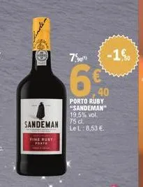 sandeman  fine ruby  forte  7,90  6  -1%  40  porto ruby "sandeman" 19,5% vol. 75 dl. le l: 8,53 €. 