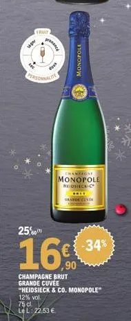 fruit  siger  fot  25,0  prononce  dous  monopole  champagne  monopole  heidsieck-c  gret grande cen  -34%  1634  ,90  champagne brut grande cuvée "heidsieck & co. monopole" 12% vol.  75 cl.  le l: 22