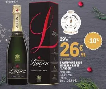 lanson  1760  lanson  h  lanson  the  se black laris put  gw  frunt  ger  dec  pressace  29,90  dogs  personnalite  (1)  26€  ,91  le coffret champagne brut le black label "lanson" avec étui. 12,5% vo