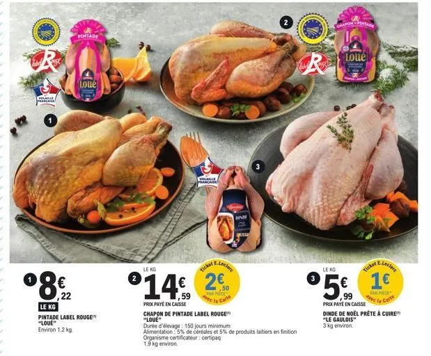 polare  prancaise  pintade  loue  822  €  ,22  le kg  pintade label rouge "loue" environ 1,2 kg.  volable francaise  le kg  °14€  prix payé en caisse  chapon de pintade label rouge  "love"  ticket  50