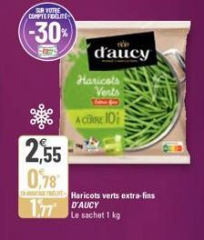 SUR VOTRE COMPTE FIDÉLITÉ  -30%  2,55 0,78  d'aucy  Haricots Verts  19  A CORE 10  177 D'AUCY  Haricots verts extra-fins  Le sachet 1 kg 