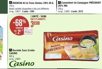 150 g  Autres variétés disponibles à des prix différents Le kg: 13627-L'unité 199  -68% 3698  CAUNOTIES  2 Max  BOURSIN Ail & Fines Herbes 39% M.G.A Camembert de Campagne PRÉSIDENT  20% MG  L'UNITÉ : 