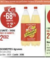 -68%  CARNOTIES SOR  2⁰  L'UNITÉ: 3€86 PAR 2 JE CAGNOTTE:  2662  SCHWEPPES Agrumes 2x1,5L (34)  Le litre : 1€29-L'unité:3€86  AGRUMES  Schweppes  ALCAL 