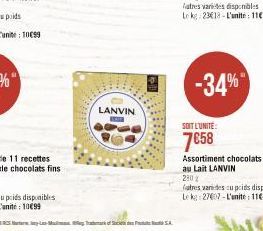 LANVIN  atres varies disponibles Leke 2318-L'unite: 1199  -34%  SOIT L'UNITÉ:  7€58  Assortiment chocolats  au Lait LANVIN 