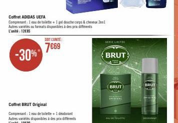 SOIT L'UNITÉ:  7€69  Coffret BRUT Original  Comprenant: 1 eau de toilette + 1 déodorant Autres variétés disponibles à des prix différents L'unité: 10€99  Coffret ADIDAS UEFA  Comprenant: I eau de toil