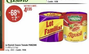 -68% 4€95 #2²  SOIT PAR 2 L'UNITÉ:  Le Ravioli Sauce Tomate PANZANI 2x 800 g (1.6 kg)  Le kg 4659-L'unité : 7€50  Lot Familial  PANZANI  Ravioli 