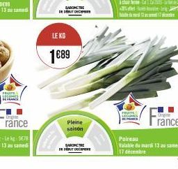 FRUITS LEGUMES  Origine  rance  DE DÉBUT DECEMBE  LE KG  1689  Pleine saison  GARON DUTERT  11  FRUITS sicions  eing J  O  rance  Poireau  Valable du mardi 13 au samedi  17 décembre 