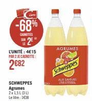 -68%  CANTES  SUE 2€  L'UNITÉ : 4€15 PAR 2 JE CAGNOTTE:  2682  SCHWEPPES Agrumes 2x1,5L (31) Leldre: 1€38  Schweppes  AUX SATURS MATTISA  AGRUMES  