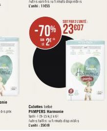 SOIT PAR 2 L'UNITE:  -70% 23607 25  Harmonie  ponts  tes  PAMPERS Harmonie  Taille 119-15 kg) x64  Autres tailles au formats disponibles L'unit: 35649 