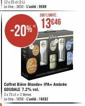 -20%  SOIT L'UNITÉ:  13646  THE  Coffret Bière Blonde+ IPA+ Ambrée GOUDALE 7.2% vol.  3x75 cl + 2 Veres  Le litre: 5E98- L'unité : 16682 