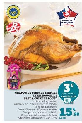 amper Plat  Loué  VOLAILLE FRANÇAISE  CHAPON DE PINTADE FERMIER  LABEL ROUGE IGP PRÊT À CUIRE DE LOUE La pièce de 2 kg environ Alimentation : 75% minimum de céréales  +5% de produits laitiers Durée d'