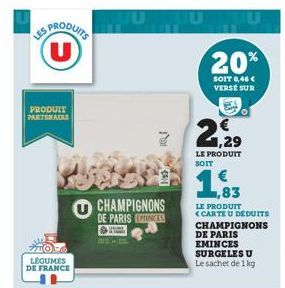 LES PRODUITS (U)  PRODUIT PARTENAIRE  LÉGUMES DE FRANCE  JU  CHAMPIGNONS DE PARIS MINCES  Por  20%  SOIT 0,46 € VERSE SUR  21,29  LE PRODUIT SOIT  1,83  LE PRODUIT <CARTE U DEDUITS  CHAMPIGNONS  DE PA