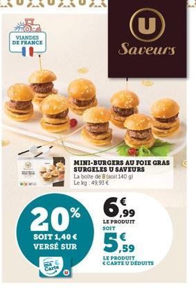 VIANDES DE FRANCE  HH  FOR THE  20%  SOIT 1,40 € VERSÉ SUR  & Carte  MINI-BURGERS AU FOIE GRAS SURGELES U SAVEURS La boite de 8 (soit 140 g) Le kg: 49,95 €  Saveurs  6.99  LE PRODUIT SOIT  LE PRODUIT 