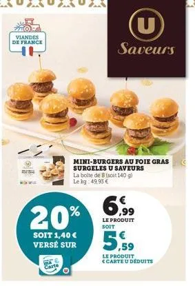 viandes de france  hh  for the  20%  soit 1,40 € versé sur  & carte  mini-burgers au foie gras surgeles u saveurs la boite de 8 (soit 140 g) le kg: 49,95 €  saveurs  6.99  le produit soit  le produit 