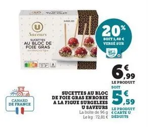 canard de france  saceurs  sucettes au bloc de foie gras mis  waran  20%  soit 1,40 € verse sur  sucettes au bloc de foie gras enrobee a la figue surgelees u saveurs la boite de 96 g le kg: 72,81  6,9