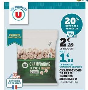 PRODUITS (U)  PRODUIT PARTIMATER  LÉGUMES  DE FRANCE  CHAMPIGNONS DE PARIS HINCES  &  Par  20%  SOIT 0,46 € VERSE SUR  M  LE PRODUIT SOIT  1,83  LE PRODUIT CARTE U DEDUITS  CHAMPIGNONS DE PARIS EMINCE