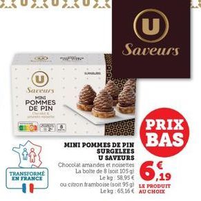 TRANSFORMÉ EN FRANCE  Saveurs MINI POMMES DE PIN  O  SURUM  MINI POMMES DE PIN SURGELEES  U SAVEURS  Chocolat amandes et noisettes  La boite de 8 (soit 105 g) Le kg: 58,95 €  (U  Saveurs  ,19  ou citr