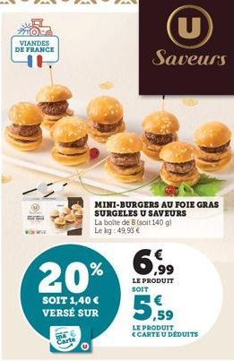 VIANDES DE FRANCE  HH  FOR THE  20%  SOIT 1,40 € VERSÉ SUR  & Carte  MINI-BURGERS AU FOIE GRAS SURGELES U SAVEURS La boite de 8 (soit 140 g) Le kg: 49,95 €  Saveurs  6.99  LE PRODUIT SOIT  LE PRODUIT 