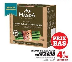 PRODUIT  PARTENAIR  Stee  MAGDA  UNE TABLE EN FÖRET  les fagots  fagots de haricots verts lardés  400ge 9 pers  Sty  PRIX BAS  FAGOTS DE HARICOTS  VERTS LARDES SURGELES MAGDA La boite de 9 (soit 405 g