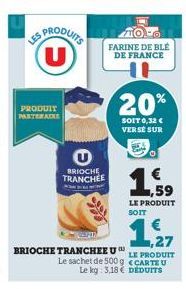 PRODUITS (U)  LES  PRODUIT PARTERADE  BRIOCHE TRANCHÉE  FARINE DE BLÉ DE FRANCE  ZHIN  BRIOCHE TRANCHEE U™  1,2  LE PRODUIT  Le sachet de 500 g <CARTEU Le kg: 3,18 € DEDUITS  20%  SOIT 0,32 € VERSE SU