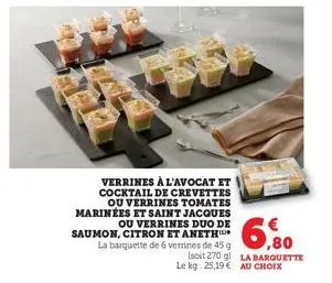 verrines à l'avocat et cocktail de crevettes ou verrines tomates marinées et saint jacques ou verrines duo de saumon, citron et aneth  la barquette de 6 verrines de 45 g (soit 270 g) le kg: 25,19 €  ,