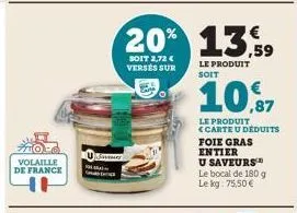 volaille de france  m  say  20% 13%9 10,87  soit 2,72 € verses sur  le produit soit  le produit <carte u deduits foie gras entier u saveurs  le bocal de 180 g le kg: 75,50€ 