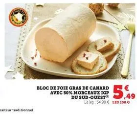bloc de foie gras de canard avec 50% morceaux igp  du sud-ouest  5,49  le kg: 54,90€ les 100 g 