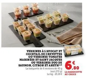 verrines à l'avocat et cocktail de crevettes ou verrines tomates marinées et saint jacques ou verrines duo de saumon, citron et aneth  la barquette de 6 verrines de 45 g (soit 270 g) le kg: 25,19 €  ,