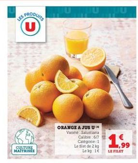 SPRODUITS (U)  NISS  CULTURE MAITRISÉE  ORANGE A JUS U Variété. Salustiana Calibre 6/7 Catégorie 1 Le filet de 2 kg Le kg: 1€  1,99  LE FILET  