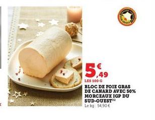 APARTY'S  5,49  LES 100 G  BLOC DE FOIE GRAS DE CANARD AVEC 50% MORCEAUX IGP DU SUD-OUEST Le kg: 54,90 € 