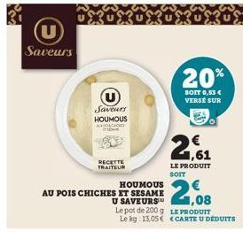 Saveurs  XXXXXX  HOUMOUS  AU POIS CHICHES ET SESAME U SAVEURS  Le pot de 200 g Le kg: 13,05€  Saveurs  HOUMOUS  KOLOG  RECETTE TRAITEUR  20%  SOIT 0,53 € VERSE SUR  21,61  LE PRODUIT SOIT  1,08  LE PR