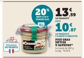 VOLAILLE DE FRANCE  M  Say  20% 13%9 10,87  SOIT 2,72 € VERSES SUR  LE PRODUIT SOIT  LE PRODUIT <CARTE U DEDUITS FOIE GRAS ENTIER U SAVEURS  Le bocal de 180 g Le kg: 75,50€ 