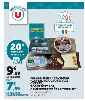 PRODUITS (U)  20%  SOIT 2,00 € VERSÉS SUR  9,99  LE PRODUIT SOIT  U  PRODUIT PARTENAIR  O  SPECTROM PAIKK  C  CONDITIONNE EN FRANCE  CAME MOTH  CANTAL  JEUNE  ASSORTIMENT 4 FROMAGES (CANTAL AOP, CROTT