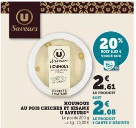 Saveurs  XXXXXX  HOUMOUS  AU POIS CHICHES ET SESAME U SAVEURS  Le pot de 200 g Le kg: 13,05€  Saveurs  HOUMOUS  KOLOG  RECETTE TRAITEUR  20%  SOIT 0,53 € VERSE SUR  21,61  LE PRODUIT SOIT  1,08  LE PR