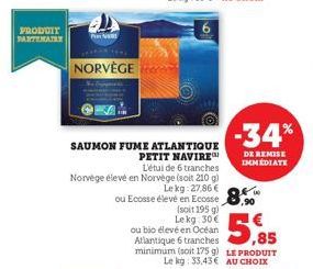 PRODUIT PARTEMATELY  F  NORVÈGE  SAUMON FUME ATLANTIQUE PETIT NAVIRE  L'étui de 6 tranches Norvège élevé en Norvège (soit 210 g)  €  ou Ecosse élevé en Ecosse 8.  (soit 195 g) Lekg: 30€  ou bio élevé 