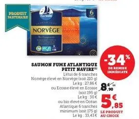 produit partemately  f  norvège  saumon fume atlantique petit navire  l'étui de 6 tranches norvège élevé en norvège (soit 210 g)  €  ou ecosse élevé en ecosse 8.  (soit 195 g) lekg: 30€  ou bio élevé 