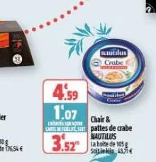 te  4.59  1.07  crites sur votre  cartes  3.52 .52  nautilus  crabe  chair & pattes de crabe nautilus  ta boite de 105 g soit le kilo 43,71 € 