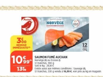 Auchen  3%  REMISE IMMÉDIATE  1099  13%  NORVÈGE  SAUMON FUMÉ AUCHAN Norvège () ou Écosse (1) 12 tranches, 590 g Soit le kg: 28,18 €  Existe aussi aux mêmes conditions: Sauvage ( 12 tranches, 330 g ve