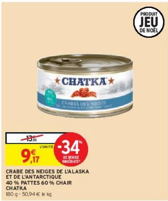 crabe des neiges de l'alaska  et de l'antarctique  40 % pattes 60 % chair  chatka