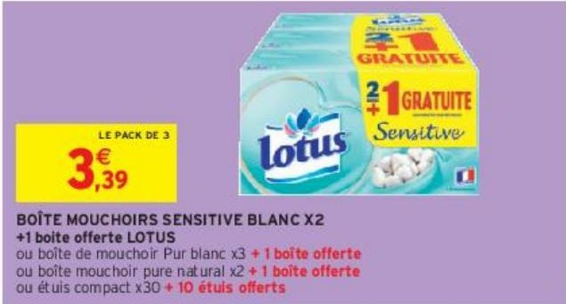 BOÎTE MOUCHOIRS SENSITIVE BLANC X2 +1 boite offerte LOTUS
