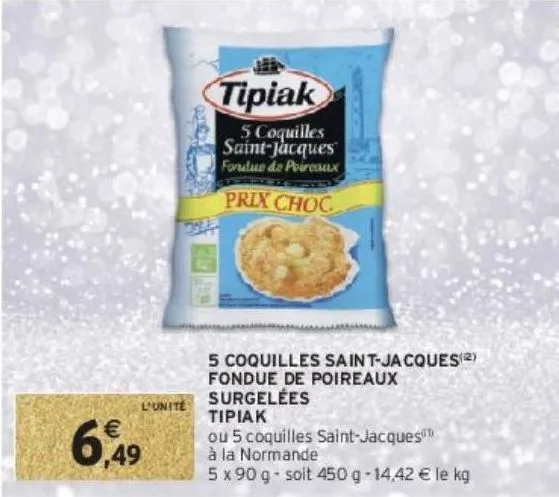 5 coquilles saint-jacques(i2) fondue de poireaux surgelées tipiak