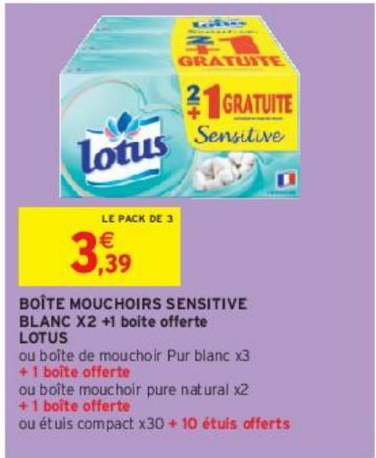 BOÎTE MOUCHOIRS SENSITIVE BLANC X2 +1 boite offerte LOTUS