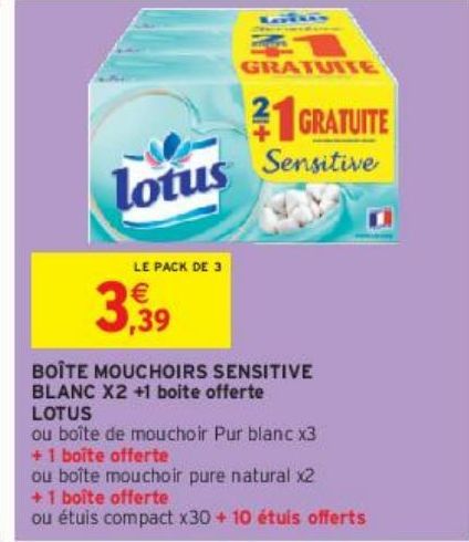 BOÎTE MOUCHOIRS SENSITIVE BLANC X2 +1 boite offerte LOTUS